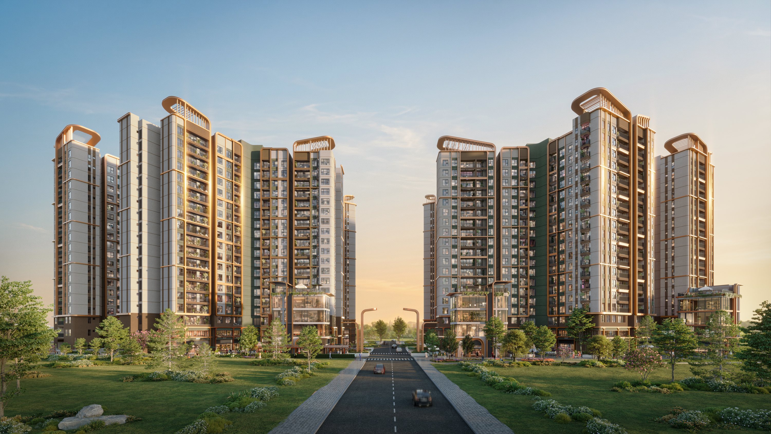 Phối cảnh Norton Park – hai cụm tháp căn hộ nhìn từ trục đường chính